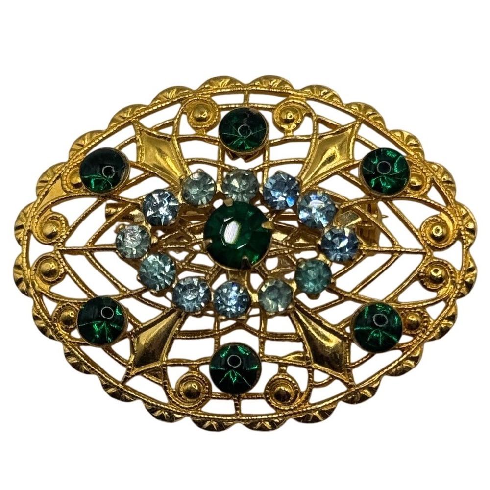 Vintage Blue Green Rhinestone Filigree Brooch Gold Tone